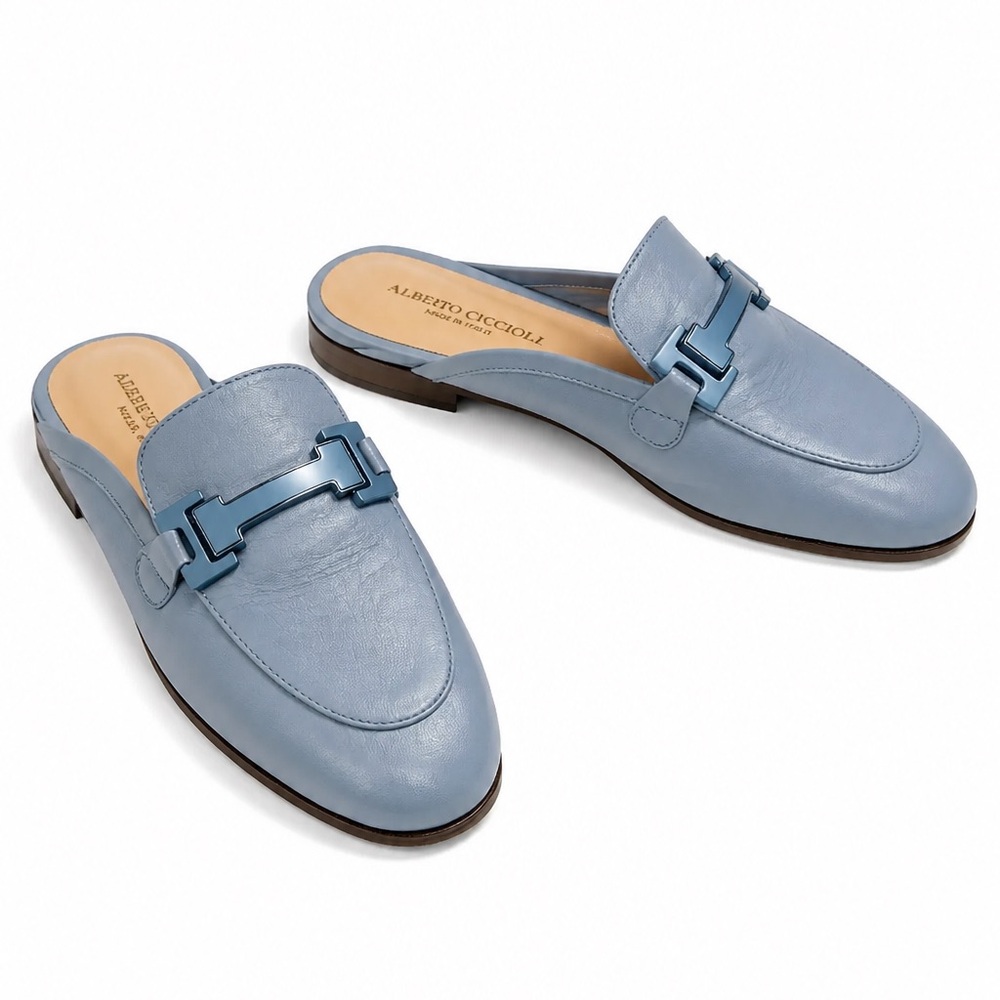 Alberto Ciccioli Light Blue Soft Leather Comfort Backless Flat Loafers